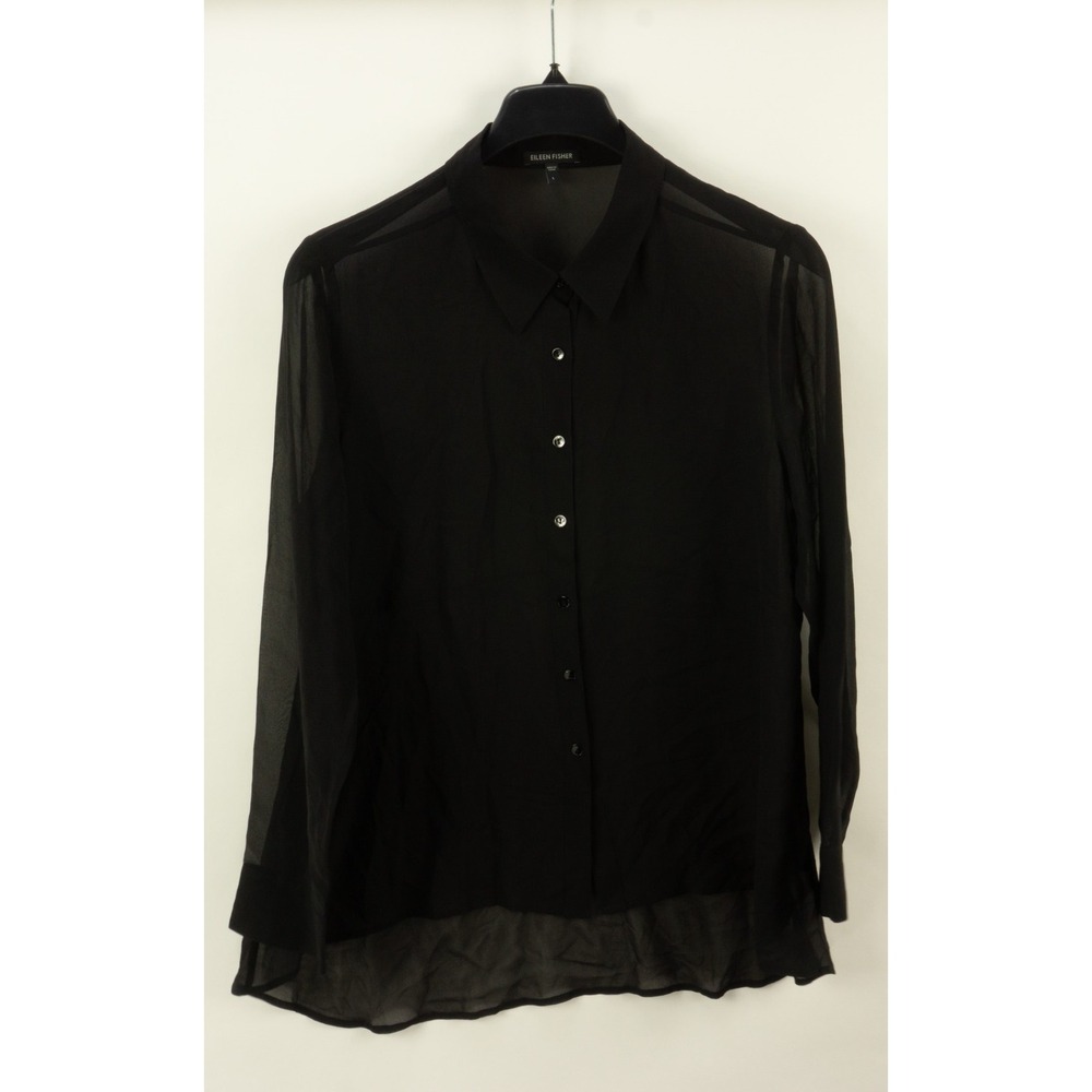 Eileen Fisher Silk Chiffon Sheer Collared Long Sleeve Blouse Womens Large Black